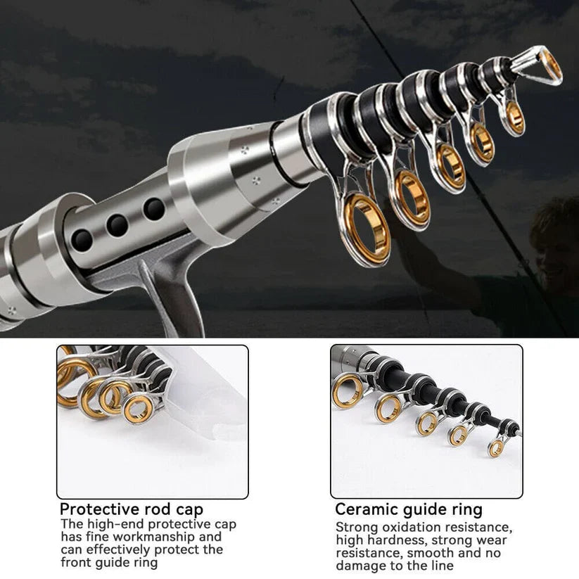 Portable unisex carbon fiber telescopic fishing rod and reel combo, ideal for sea, saltwater, and freshwater fishing.