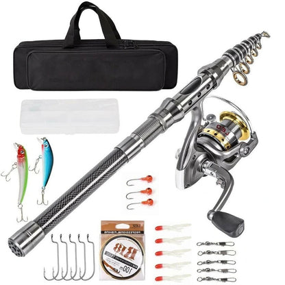 Durable carbon fiber telescopic fishing rod pole & reel combo for versatile saltwater & freshwater fishing trips.