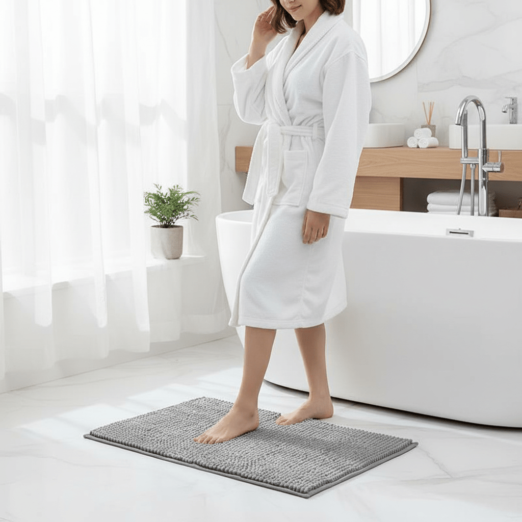 Soft chenille bath rug, absorbent and non-slip, perfect for bathroom floor safety.