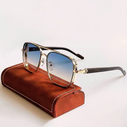 Unisex chic gold-frame sunglasses with UV400 protection. Elegant metal eyewear for fashion and eye safety.