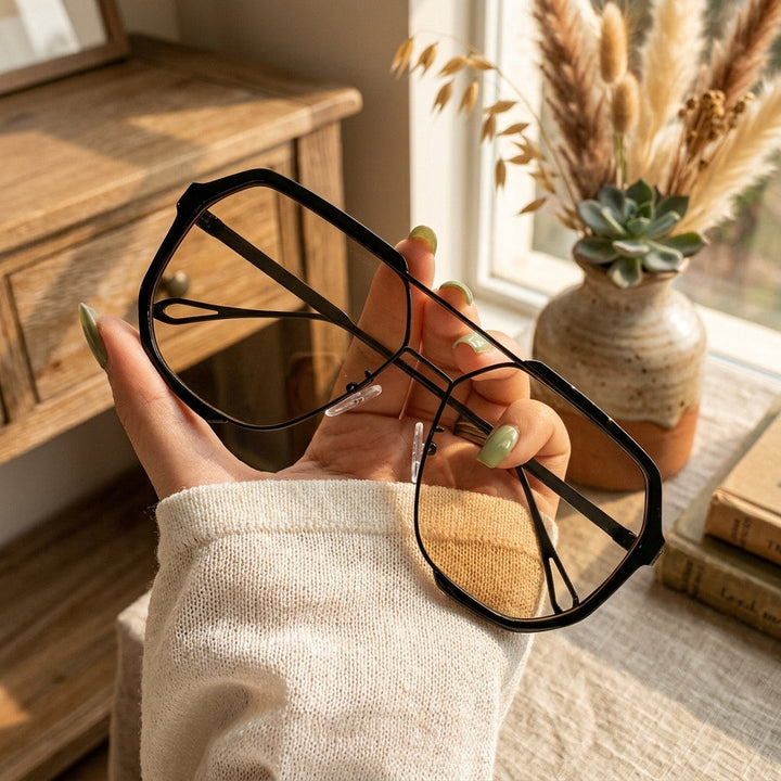 Sleek black metal frame aviator sunglasses, a versatile fashion accessory for modern individuals.