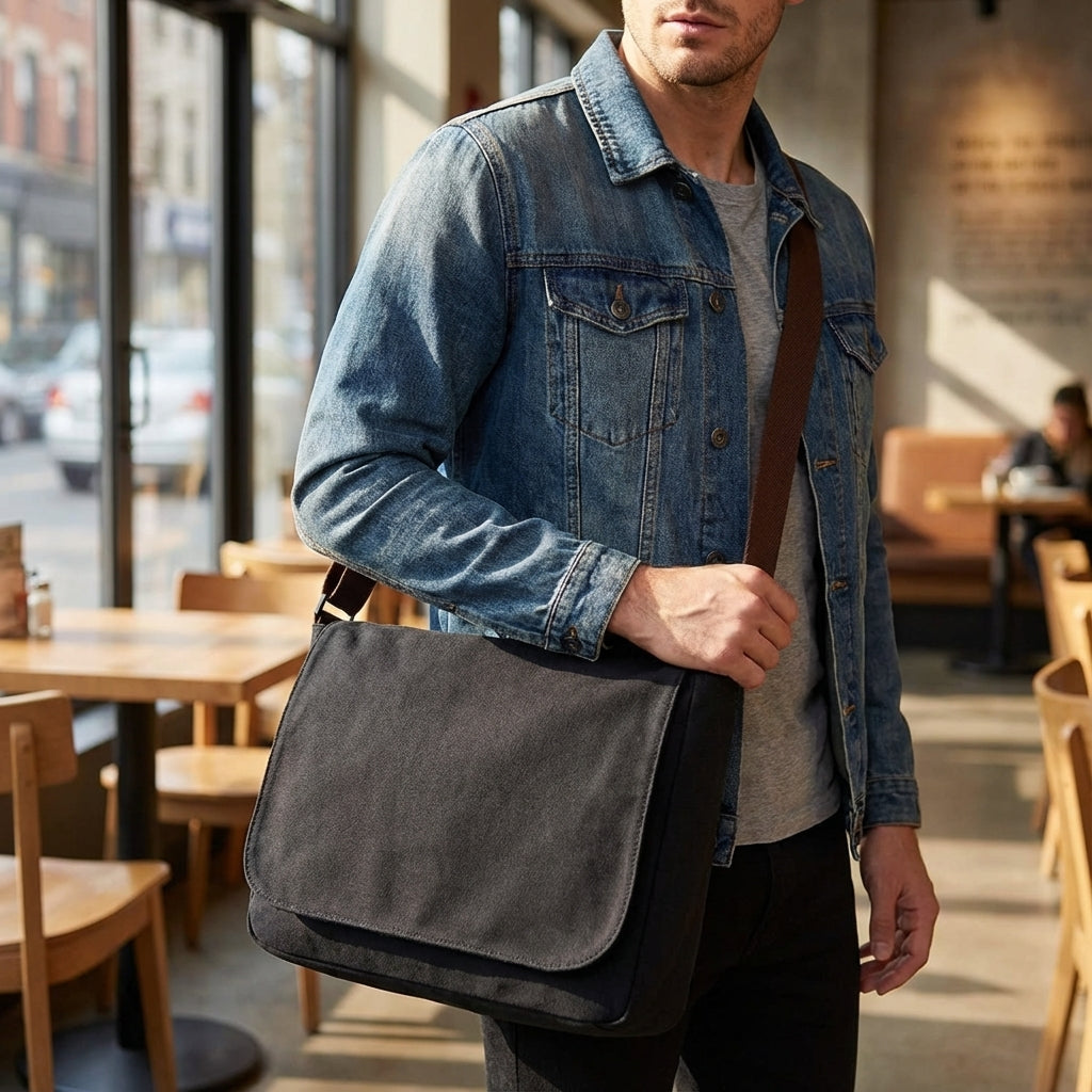 Unisex classic black canvas messenger bag, durable for daily use, work, and travel. Ideal shoulder/crossbody bag.