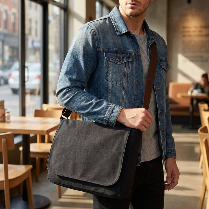 Unisex classic black canvas messenger bag, durable for daily use, work, and travel. Ideal shoulder/crossbody bag.