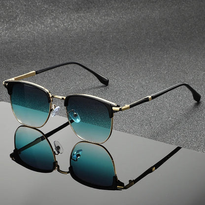 Polished bronze Clubmaster sunglasses for unisex, offering full UV protection. Classic and stylish eyewear.