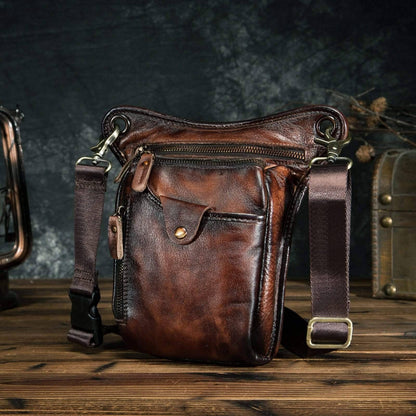 Unisex classic genuine leather shoulder sling bag, brown cowhide for travel and outdoor use