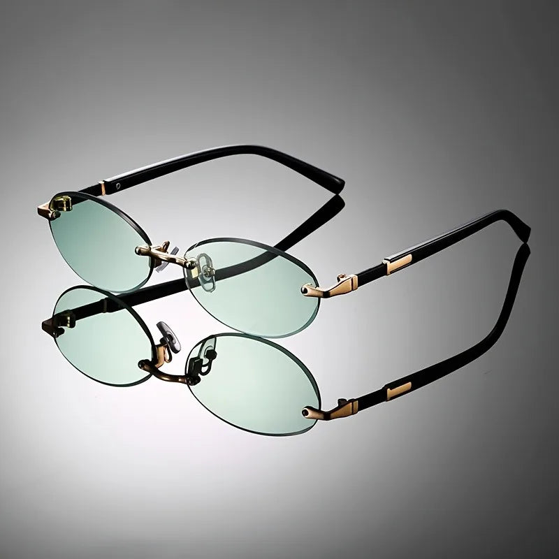 Modern unisex oval rimless sunglasses, a trendy fashion accessory. Features UV400 protection for eyes.