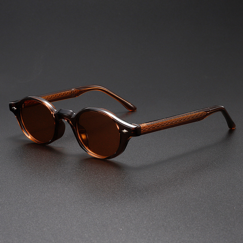 Classic retro unisex oval sunglasses with dark tint lenses & sturdy acetate frame. Offers full UV400 protection.
