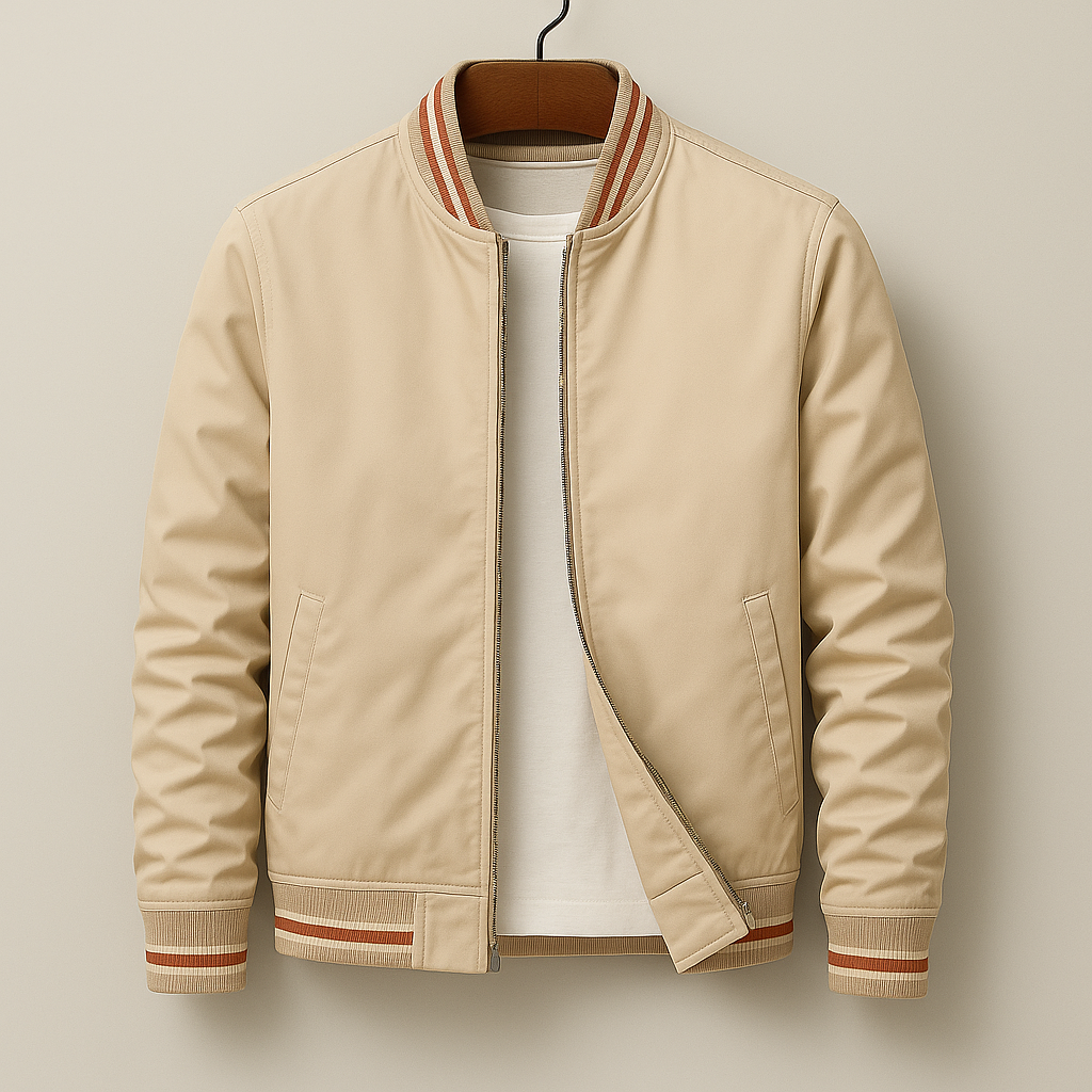 Stylish unisex varsity bomber jacket featuring a zip closure, perfect for timeless everyday wear and streetwear.
