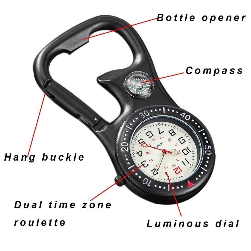 Silver carabiner pocket watch with luminous dial, perfect for outdoor gear and survival kits