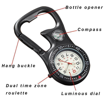 Silver carabiner pocket watch with luminous dial, perfect for outdoor gear and survival kits