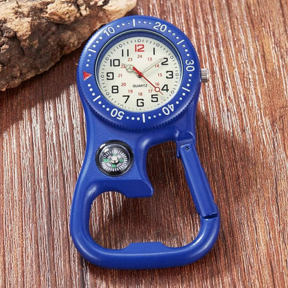 Close-up of a sturdy clip-on carabiner quartz watch, a rugged outdoor and camping accessory