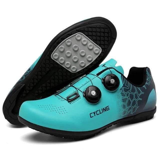 Pair of unisex clipless cycling shoes, top-down. Ergonomic design, perfect athletic shoes for cycling sports.