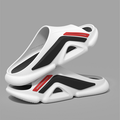 Front view of unisex Cloud Cushion Slides, emphasizing the wide strap and soft, supportive EVA foam material.
