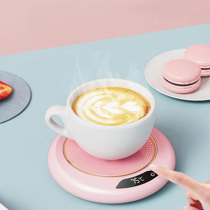 USB powered mug warmer with auto shutoff feature, ideal for coffee, tea, or milk.
