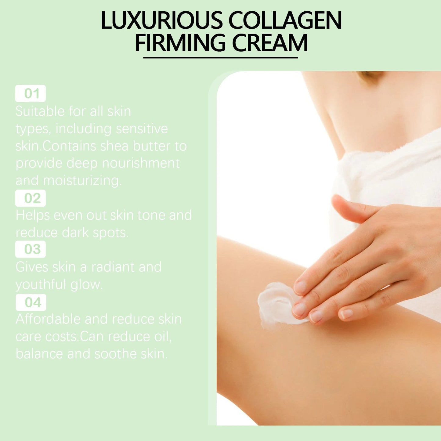 Hydrating collagen firming cream for all skin types, 3.5 oz. Boosts skin elasticity & reduces signs of aging.