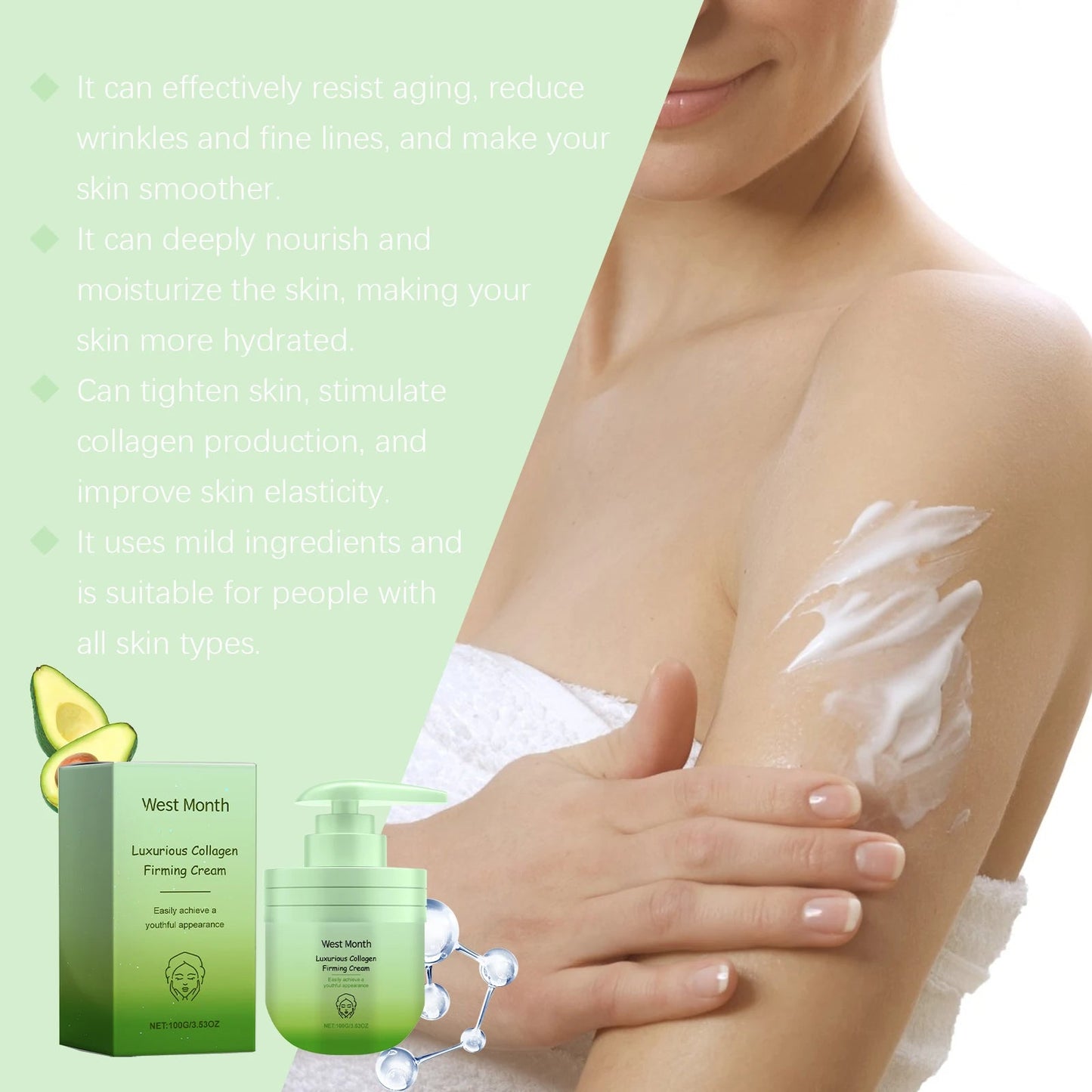 Anti-aging firming cream with collagen, 3.5 oz. Promotes skin elasticity, hydration, and youthful radiance.
