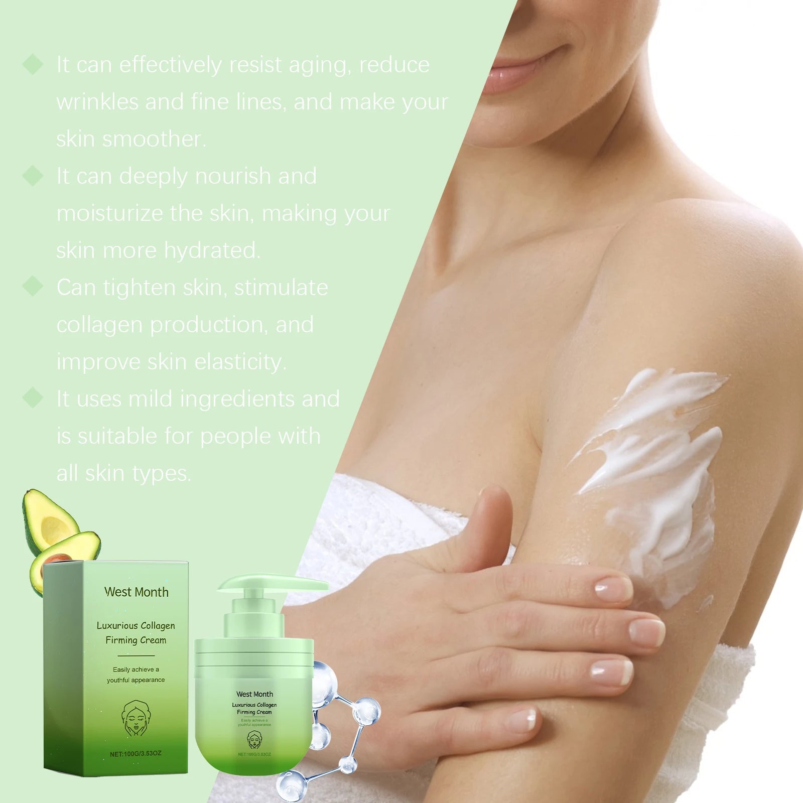 Anti-aging firming cream with collagen, 3.5 oz. Promotes skin elasticity, hydration, and youthful radiance.