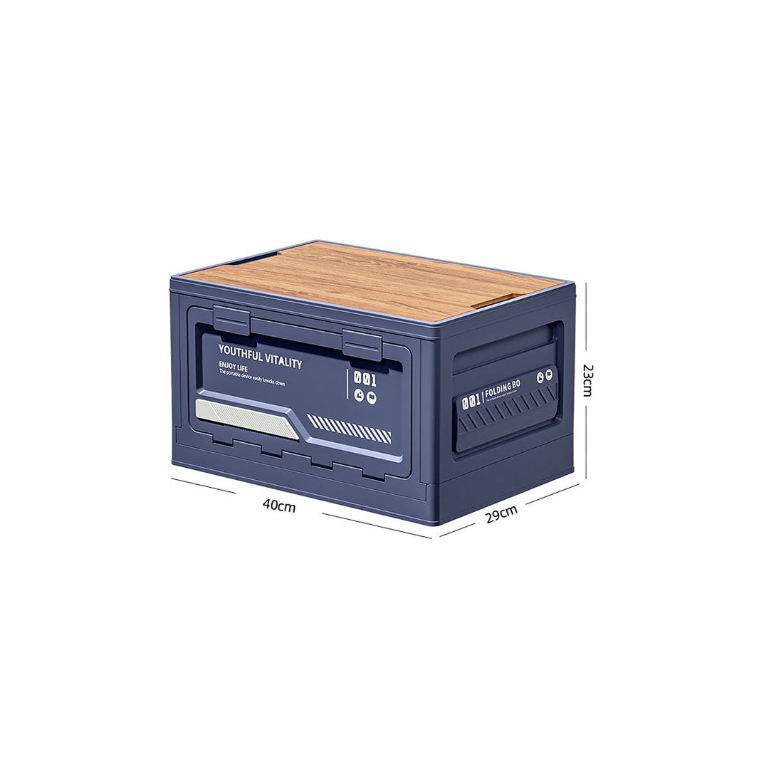 Space-saving collapsible storage bin with a smooth wooden top, ideal for camping and home use