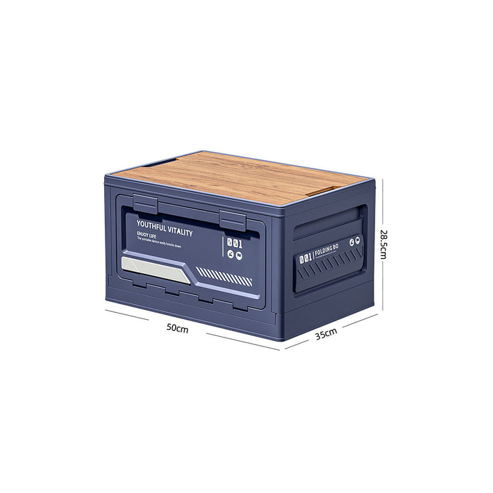 Robust collapsible trunk storage with wooden table lid, enhancing outdoor functionality & organization