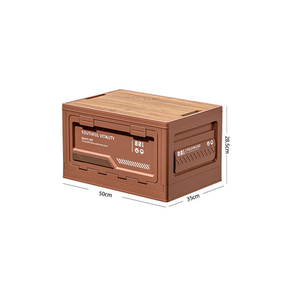 Versatile camping storage box, easily collapsing and featuring a useful wooden table top for all your gear