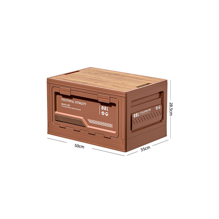 Versatile camping storage box, easily collapsing and featuring a useful wooden table top for all your gear