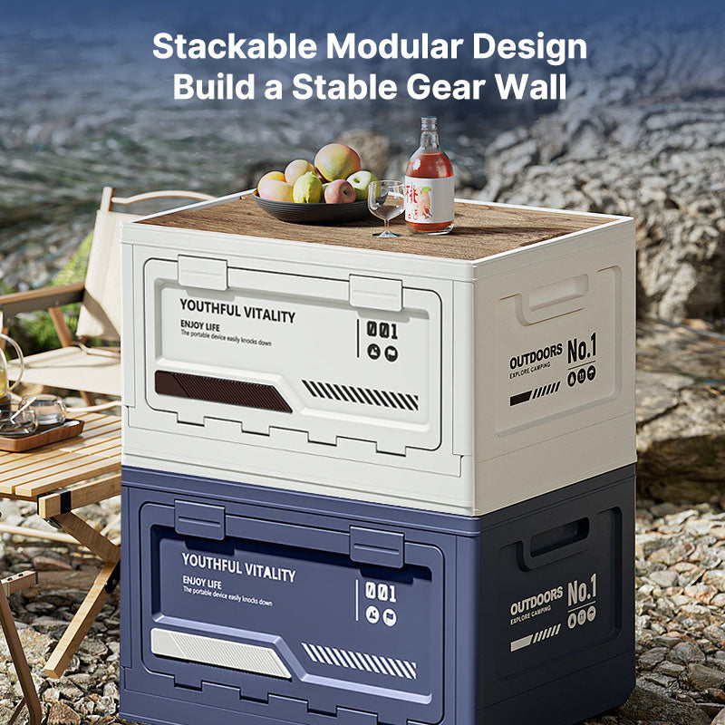 Portable camping storage bin with natural wood lid, ideal for car trunk & home organization needs