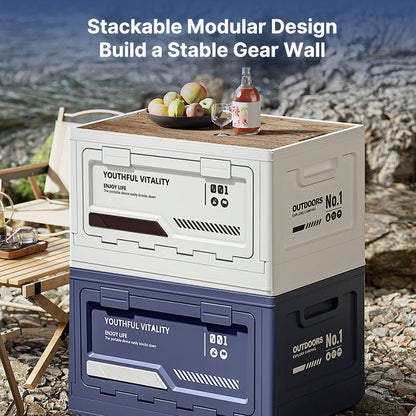 Portable camping storage bin with natural wood lid, ideal for car trunk & home organization needs