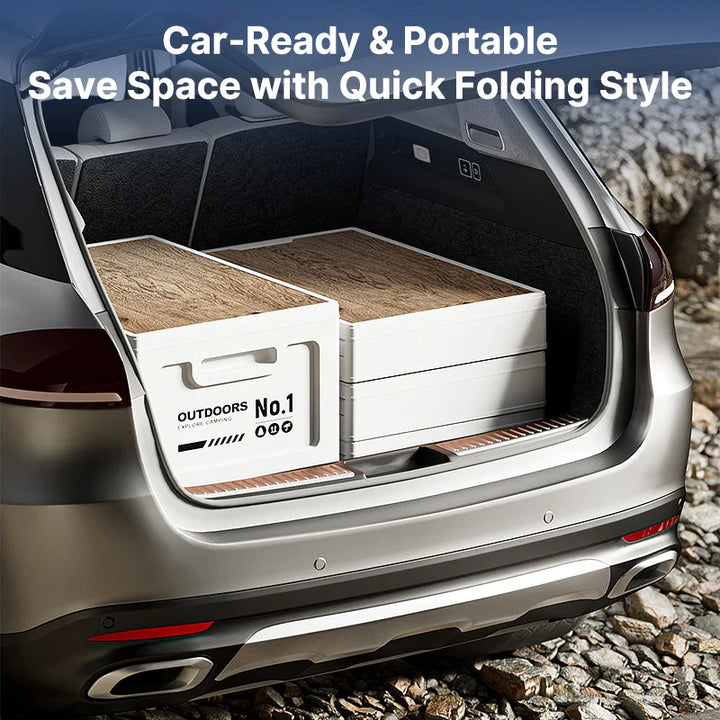 Durable collapsible storage container, perfect for camping trips, with integrated table top funcionality