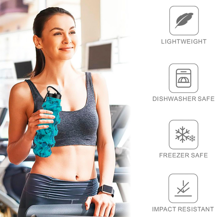 Hydration gear: 19oz collapsible silicone bottle, perfect for on-the-go travelers.