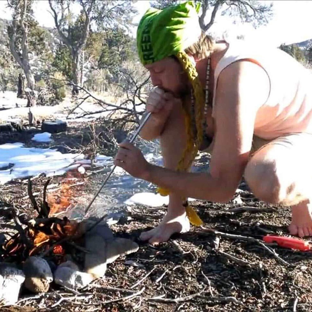 Collapsible fire blowpipe, retracted pocket-sized for easy carry in camping gear