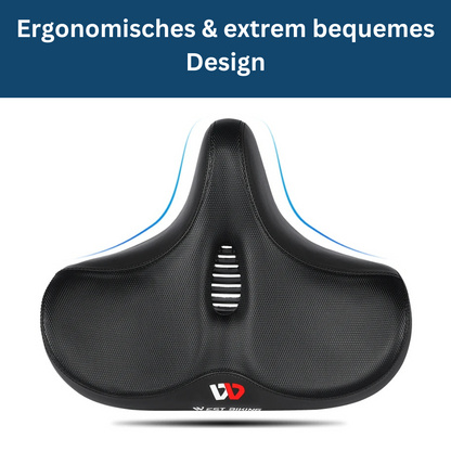 Close-up of black Unisex Comfort Bike Saddle, ergonomic for cycling comfort