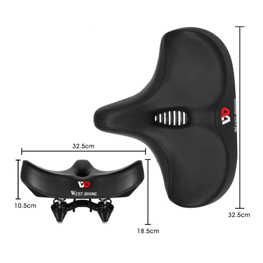 Front angle of black Unisex Comfort Bike Saddle, ideal for recreational cycling