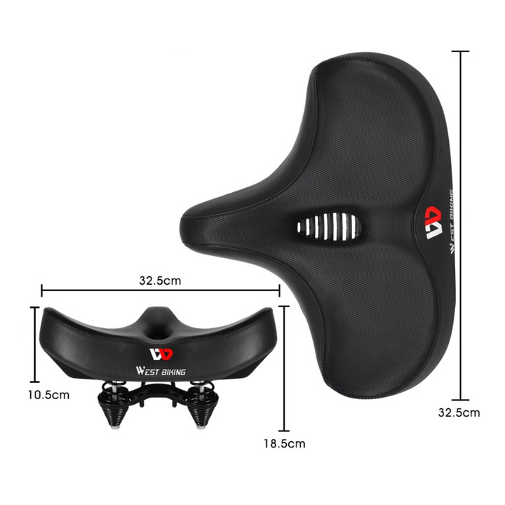 Front angle of black Unisex Comfort Bike Saddle, ideal for recreational cycling