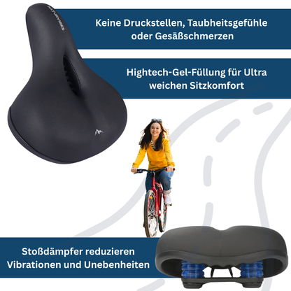 Side view of a universal bicycle seat, black, designed for comfort in outdoor cycling