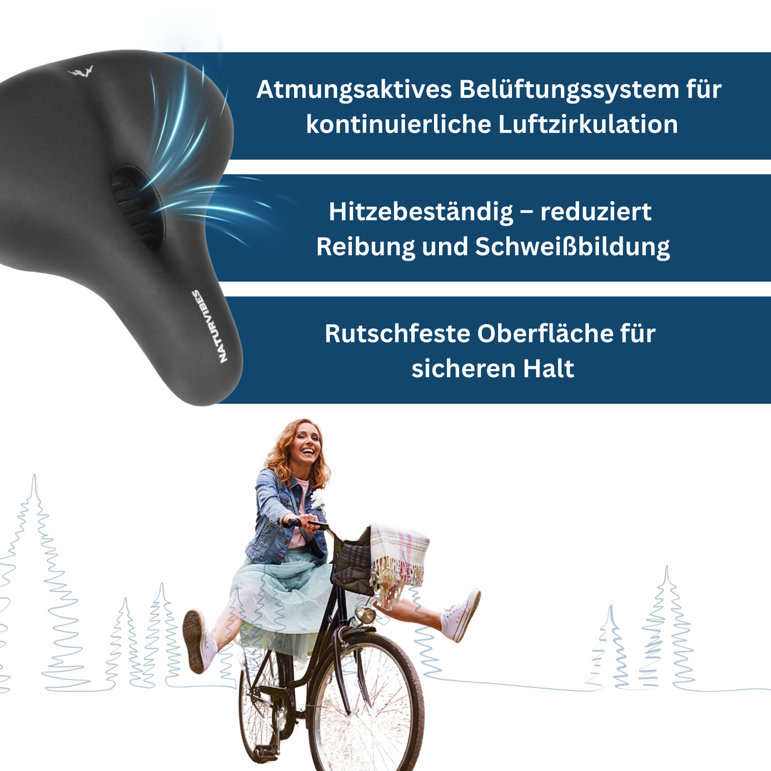 Top-down view of a unisex comfort saddle, ideal for long-distance cycling and bike parts