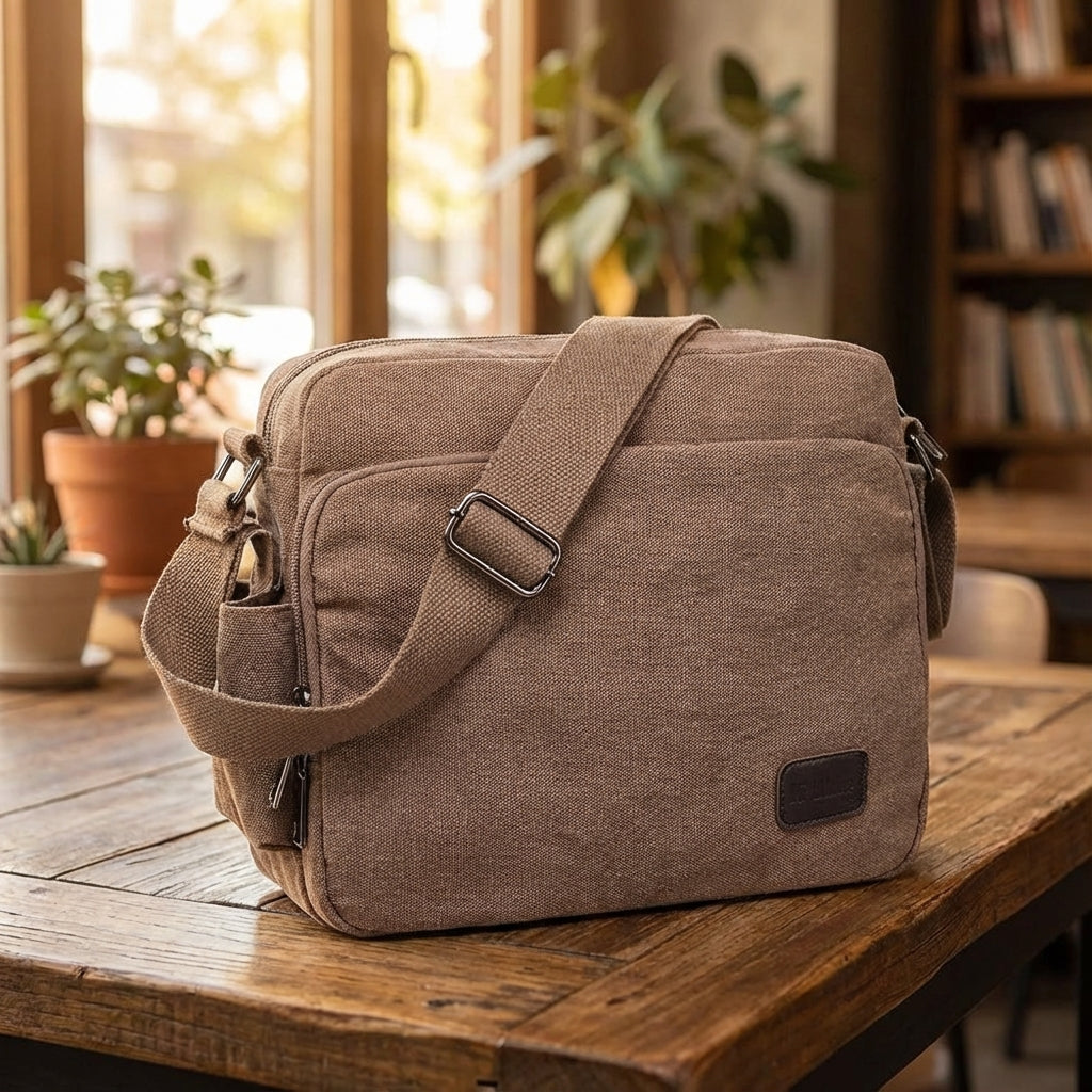 Unisex compact crossbody bag, perfect for carrying daily essentials & travel. Durable canvas shoulder bag design.