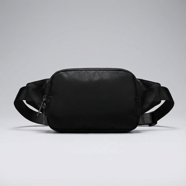 Stylish compact belt bag, water-resistant nylon. Great travel accessory for phone, keys, and wallet.