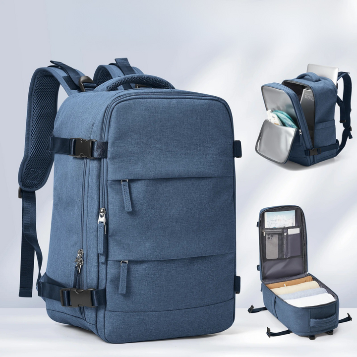 Smartly organized unisex compact travel backpack, secure compartments for essentials.