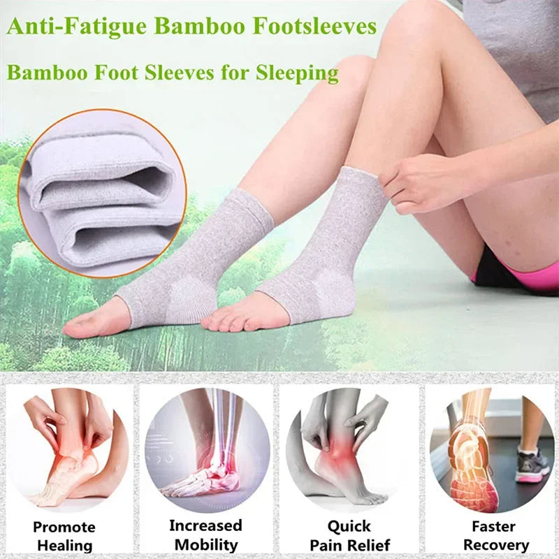Pair of unisex foot compression sleeves, offering vital arch & ankle support for pain relief during active lifestyles.