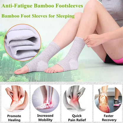 Pair of unisex foot compression sleeves, offering vital arch & ankle support for pain relief during active lifestyles.