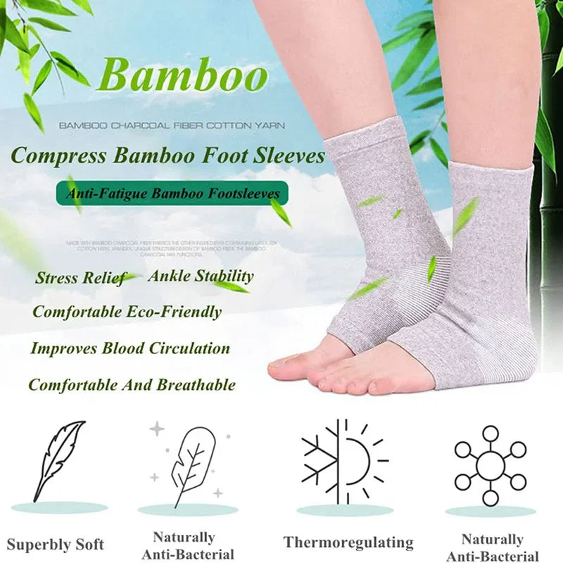 Close-up of flexible unisex compression foot sleeves designed for superior arch, ankle support & pain relief.