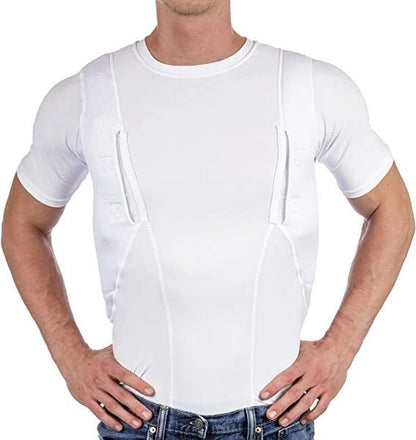 Unisex concealed carry holster t-shirt. Discreet compression shirt for secure personal defense everyday carry.