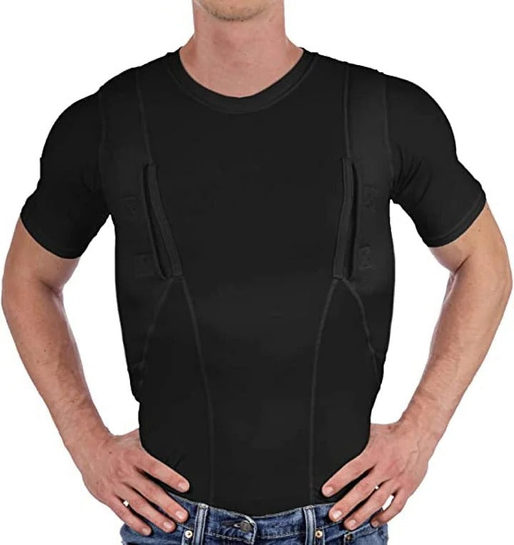 Discreet concealed carry t-shirt, offering hidden holster storage for personal defense and everyday comfort.