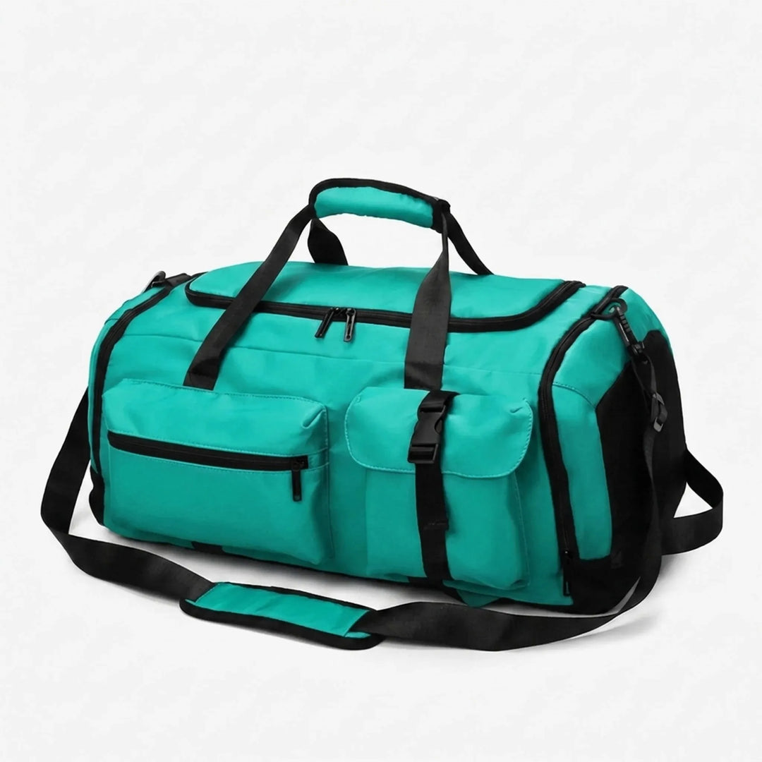 Spacious unisex convertible duffel backpack, multi-pocket design, durable Oxford fabric for travel & sports.