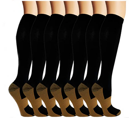 Unisex copper compression socks (7 pairs) for men & women. Ideal for workout recovery, circulation, and leg support.