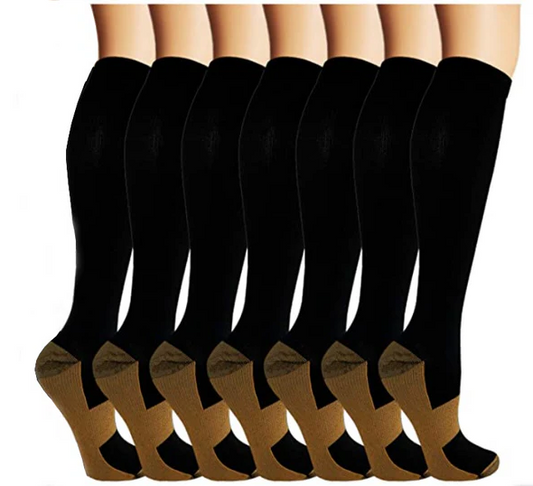 Unisex copper compression socks (7 pairs) for men & women. Ideal for workout recovery, circulation, and leg support.