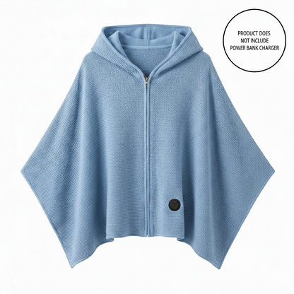 Close-up of the control button on the cordless graphene heated shawl for adjustable warmth settings