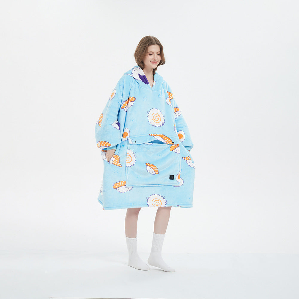 View from above of someone wearing a flannel hoodie blanket, emphasizing its generous, oversized fit and warmth.