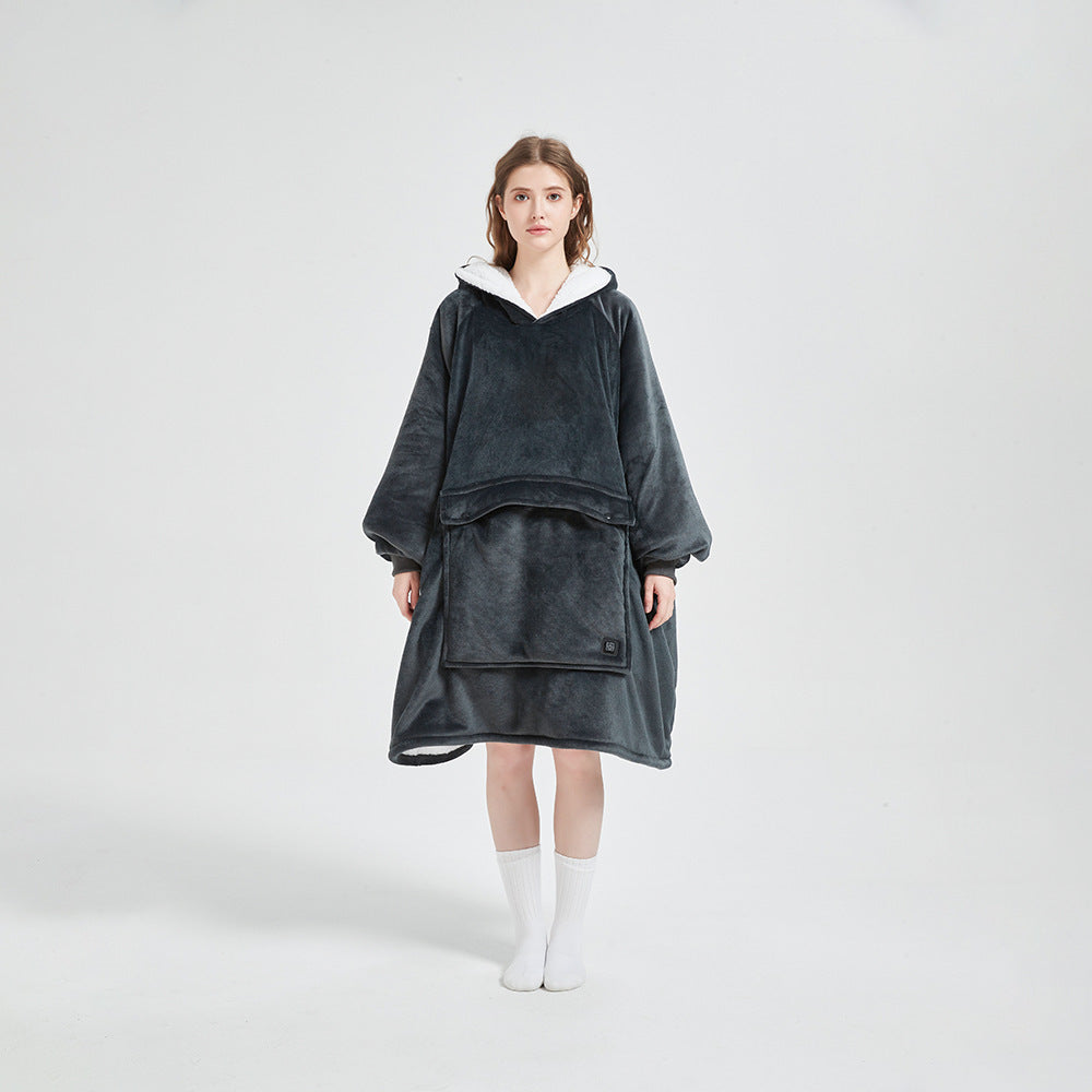 Stylish unisex heated flannel hoodie blanket in a trendy color, offering both warmth and fashion for winter.