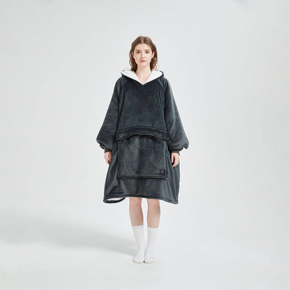 Stylish unisex heated flannel hoodie blanket in a trendy color, offering both warmth and fashion for winter.